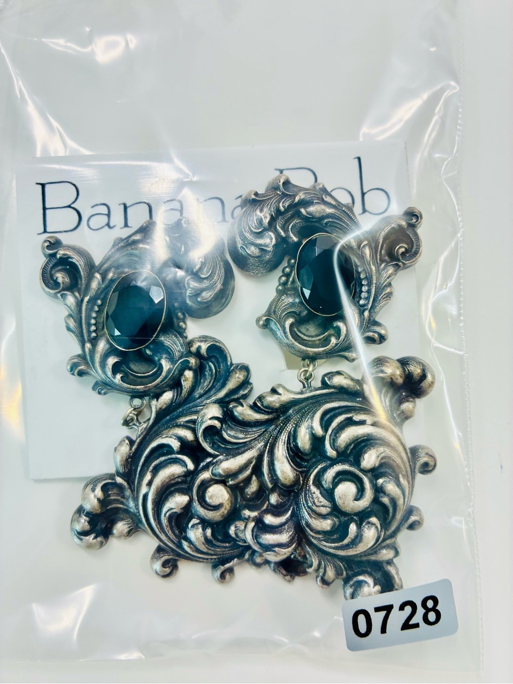 Banana Bob Baroque Scroll Drop Clip Earrings Black Faceted Cabochons 90s Runway - Picture 12 of 12